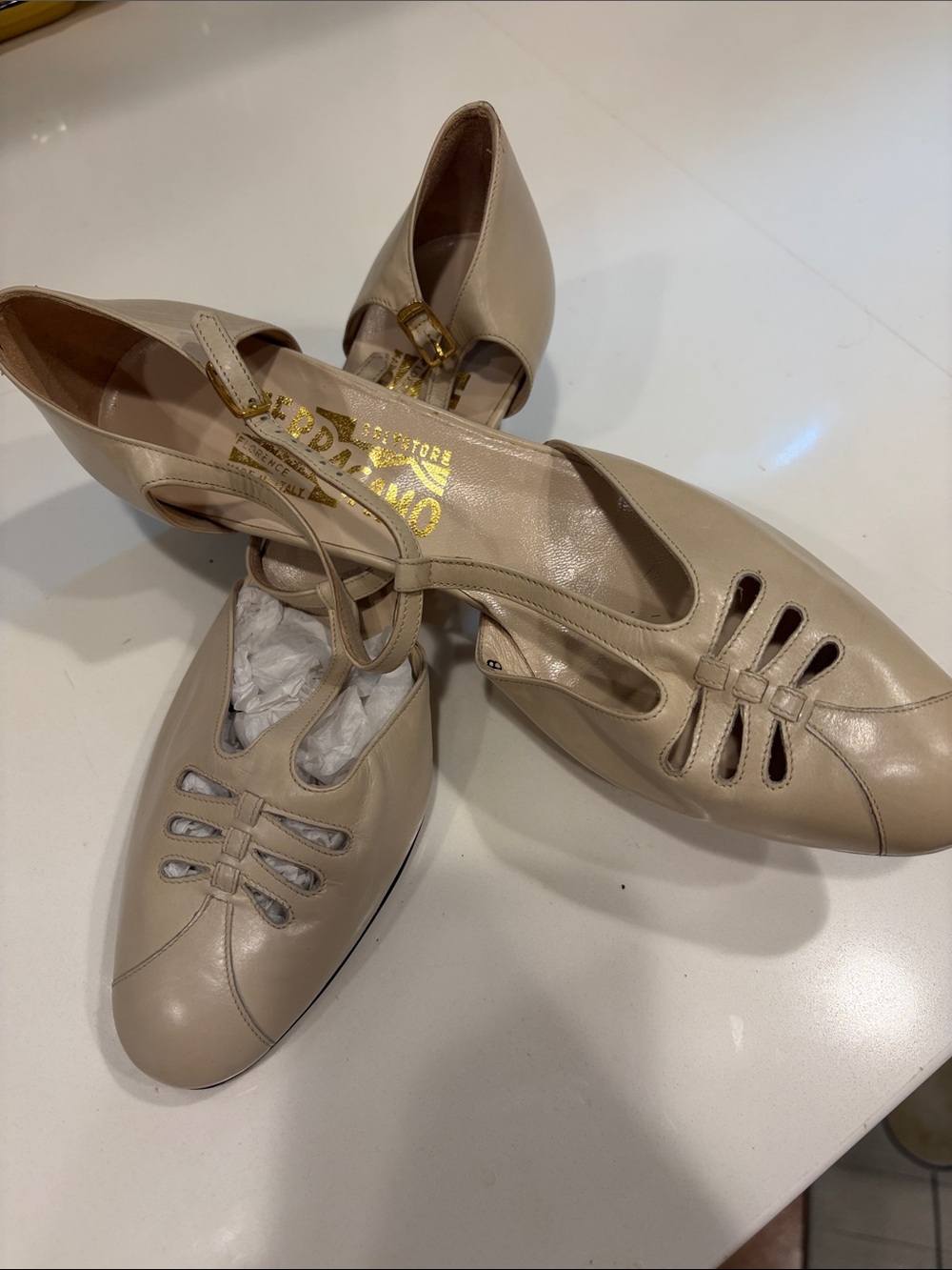Salvatore Ferragamo Beige Leather T-Strap Pumps